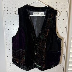 Vintage Sheri-e Vest Women's Medium Purple Black Velvet Floral Patchwork Party